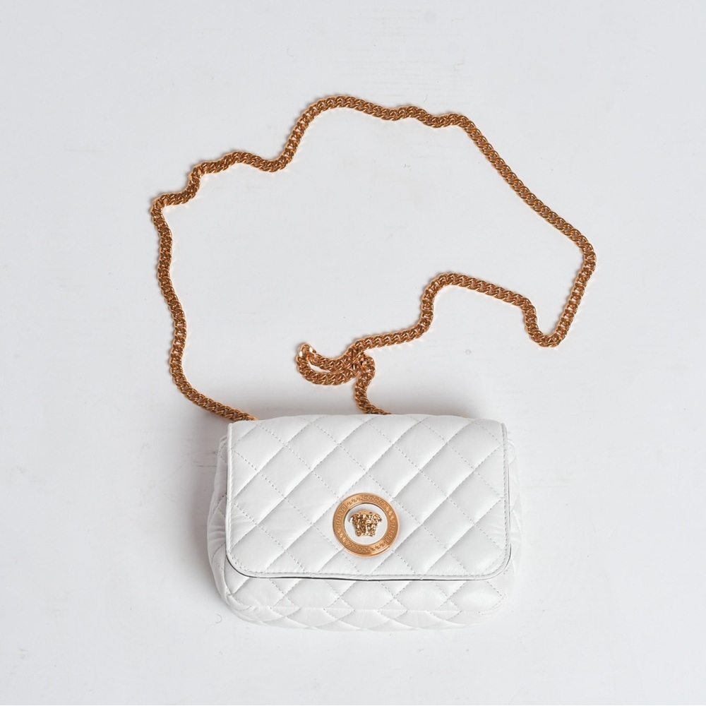 Versace White Quilted Crossbody Bag with Gold Chain